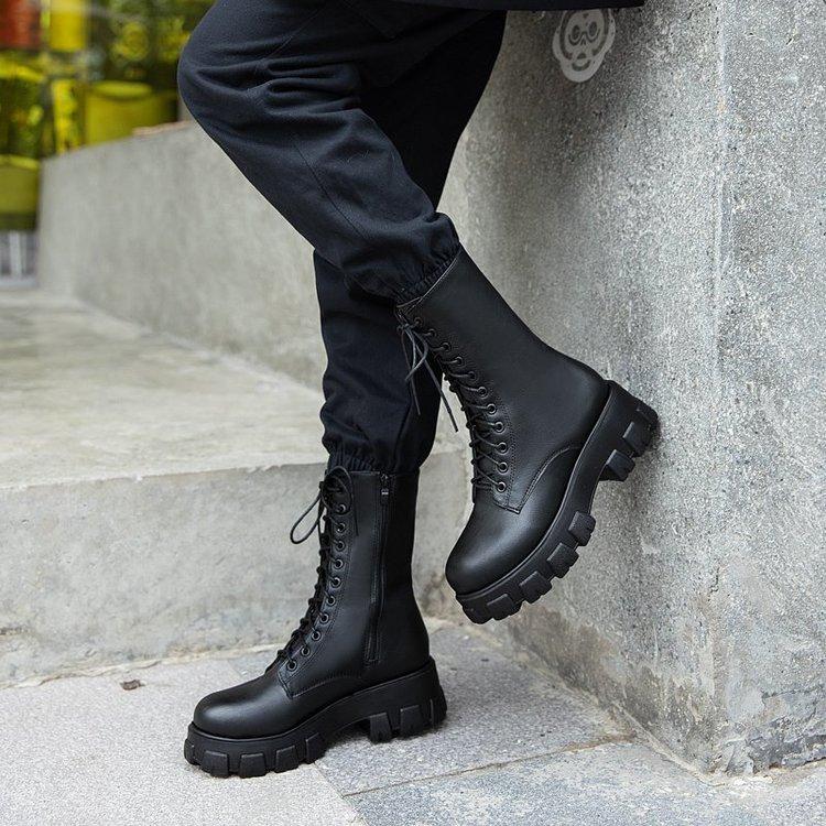 Muffin thick-soled large-size Martin boots women's 2026 autumn and winter new medium boots British wind side zipper thick-heeled locomotive boots