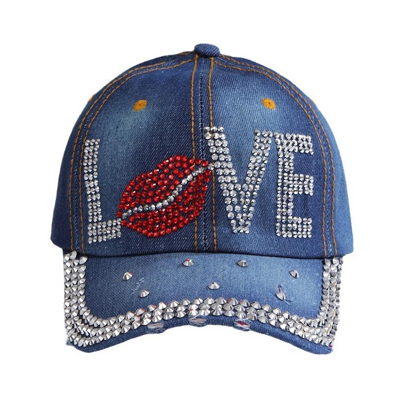 New Hip Hop Denim Cap Rhinestone Creative Lip Print Baseball Cap LOVE Alphabet Sun Hat Men's and Women's Cowboy Hats