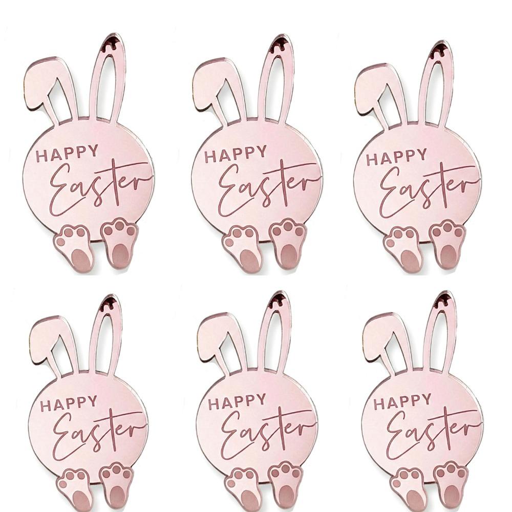 6pcs Cartoon Rabbit Cake Toppers Happy Easter Acrylic Bunny Pattern Tags Mirror Finish Easter Bunny Ornament Gift Tags