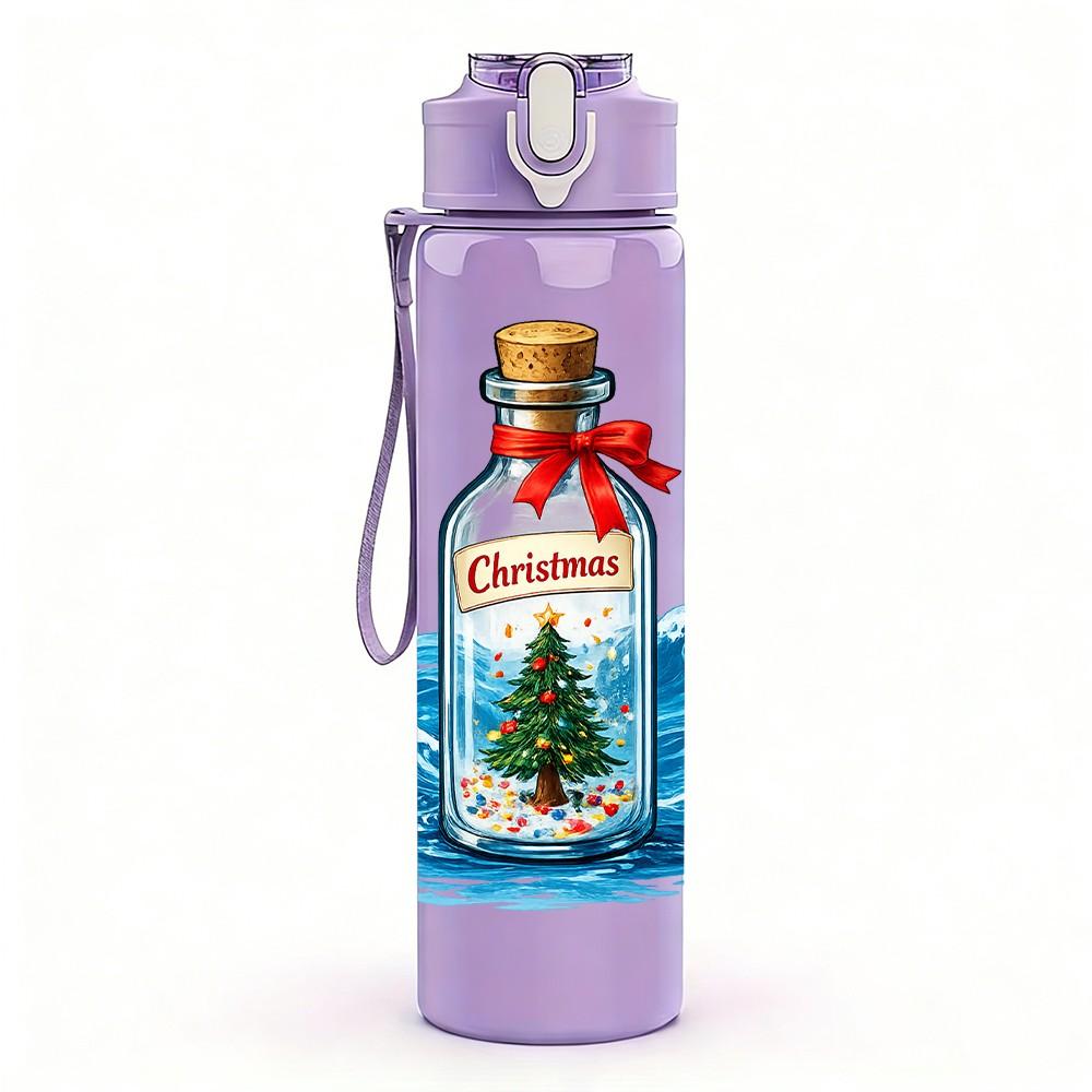 1PC Glass Bottle Christmas Tree Ocean Print 750ml Color Plastic Sports Water Bottle Leakproof Flip Straw Lid Suitable for Sports Office Home Use