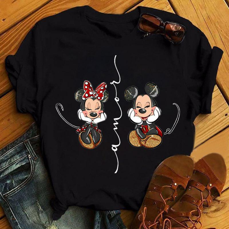 Unisex Mickey and Minnie Print T-shirt Casual Round Neck Short Sleeves T Shirt Summer Casual Clothing Top Black Tee