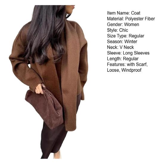 Женское пальто с шарфом, V-образным вырезом, свободным длинным рукавом, кардиганом, короткой курткой с шалью, однотонная повседневная верхняя одежда для поездок на работу и обратно на весну и осень