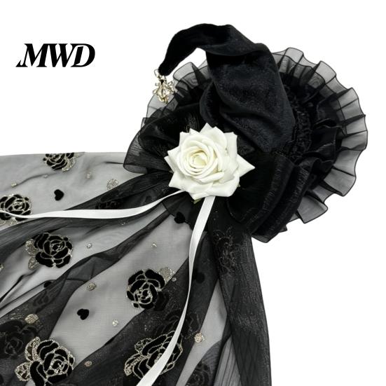 Halloween Costume Accessories Witch Hat with Rose for Women, Gothic Vintage Mini Wizard Spooky Party Decorations Headpiece Veil Costume, Dress