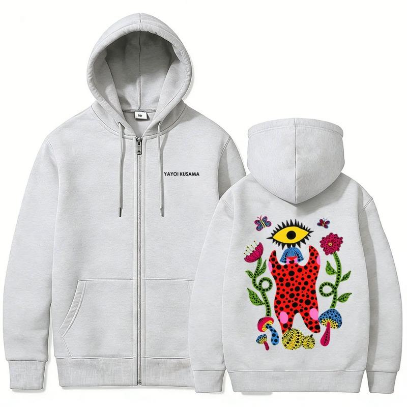 Japanese Artist Yayoi Kusama Eyes Flowers Art Show Zipper Hoodie Men Women Casual Oversized Zip Up Jacket Sweatshirt Streetwear
