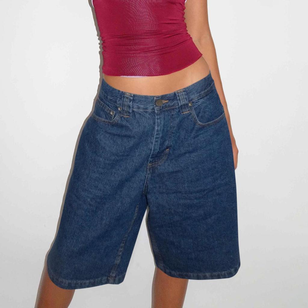 Women Jean High Waisted Trendy Patch Pockets Casual Summer Button Fly Denim Knee Length