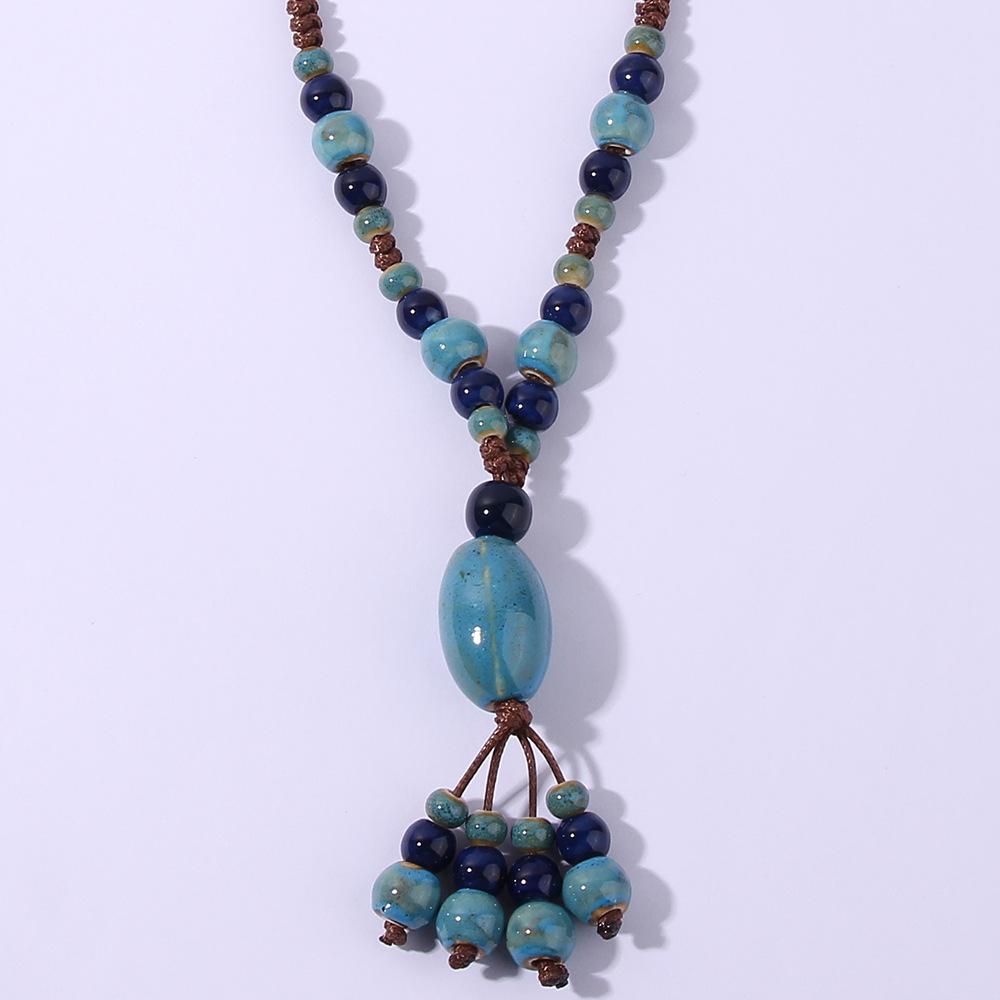 Ceramic Beaded Long Necklace for Women's New Antique Style Pendant Necklace Color Block Adjustable Sweater Chain