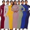 Women's Long Sleeve Solid Color Slim Fit High Neck Dress - European & American Fashion
