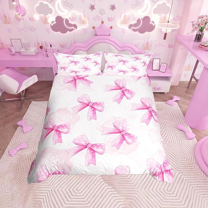 Pink Bow Bedroom anime Duvet Set Bedding King Size Luxury Cover  Polyester Christmas Decorations Cute Printed Cartoon home