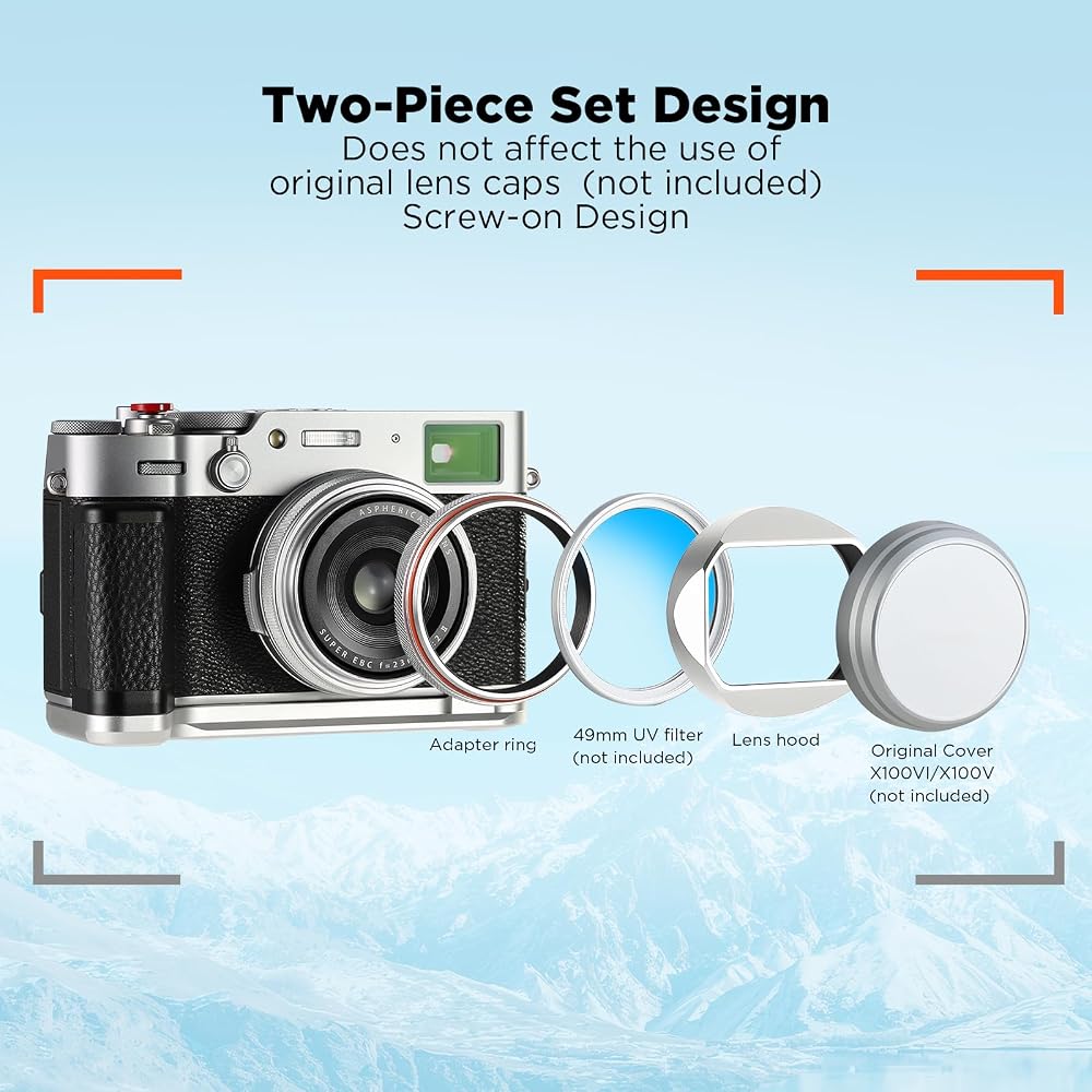Haoge LH-X54W Square Metal Lens Hood with 49mm Adapter Ring for Fuji X100VI X100V Camera Silver