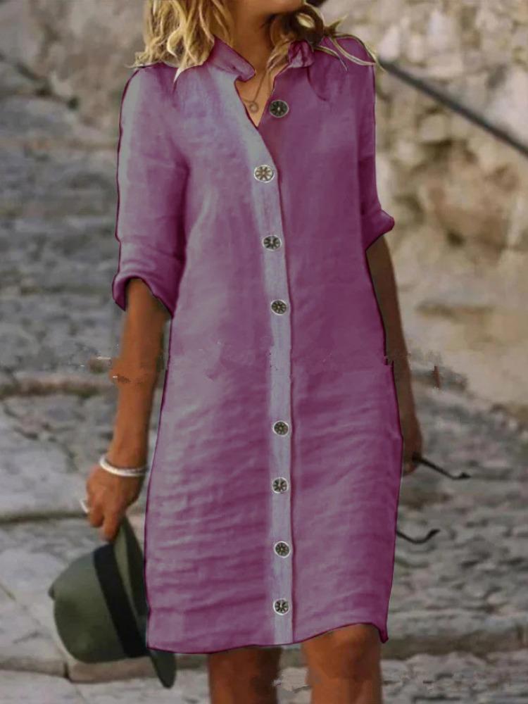 Женская рубашка на весну и лето, средний рукав, большая круглая пуговица, платье из хлопка и конопли