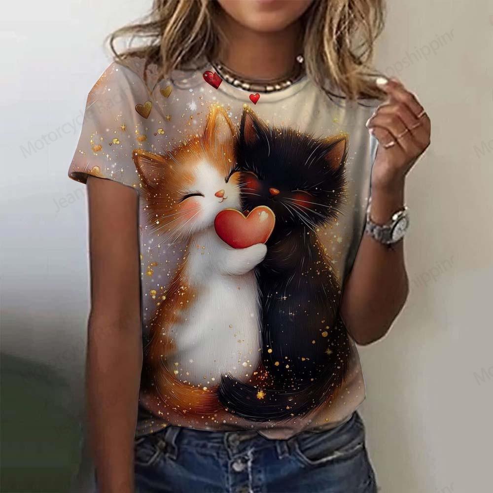 Футболка с милым рисунком кошки 3D-принтом, женская модная футболка большого размера с круглым вырезом и коротким рукавом, футболки, футболка Kawaii, футболка с изображением животных