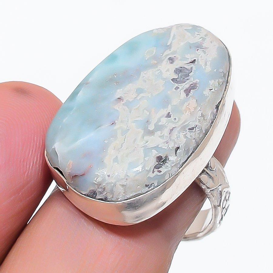 Natural Larimar Gemstone Handmade 925 Sterling Silver Jewelry Ring Size 8.5 y6N08