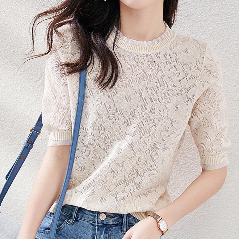 Женские свитера, пуловеры 2025 Лето Короткий рукав О-образный вырез Белый вязаный свитер Женские топы Пуловер JJ320