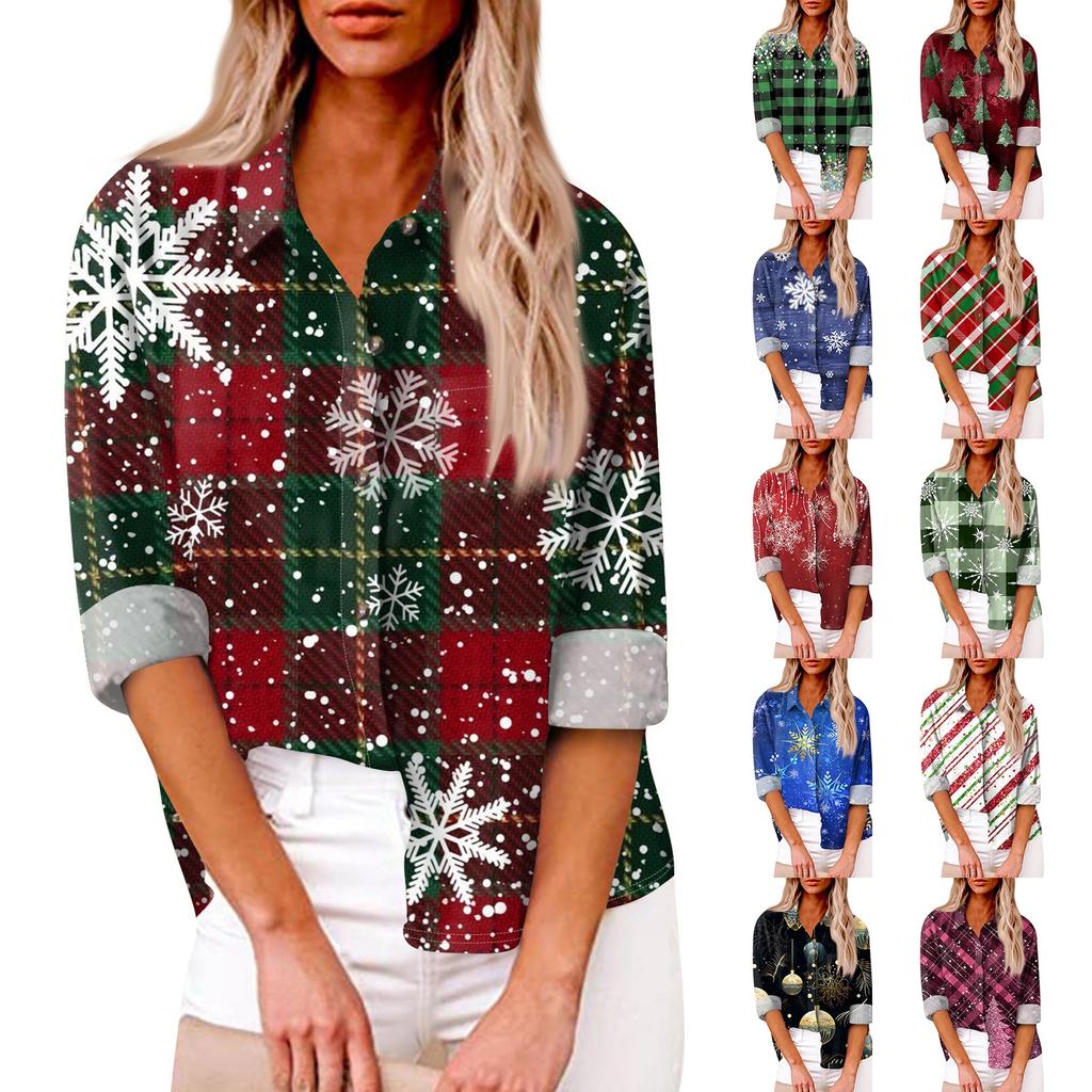 Женская свободная повседневная рубашка с длинными рукавами и рождественским принтом, кардиган с принтом и карманами