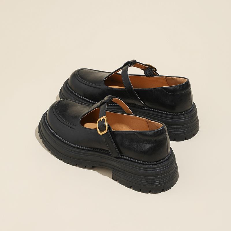 British Style Platform Black Small Leather Shoes Women's 2025 Spring and Summer New Round Head T-buckle with Light Mouth Thick Heel Loafers