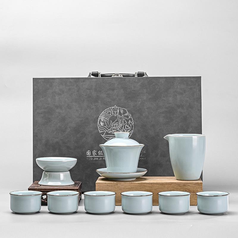 Ru Kiln Ice Crack Kung Fu Tea Set Household Living Room Ceramic Brewing Teapot Open Light Luxury Teacup High-end Gifts