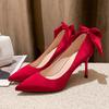 Elegant Satin Bowknot High Heels Pumps for Women Sexy Pointed Toe Stiletto Heeled Red Bridal Wedding Shoes Woman White Pumps