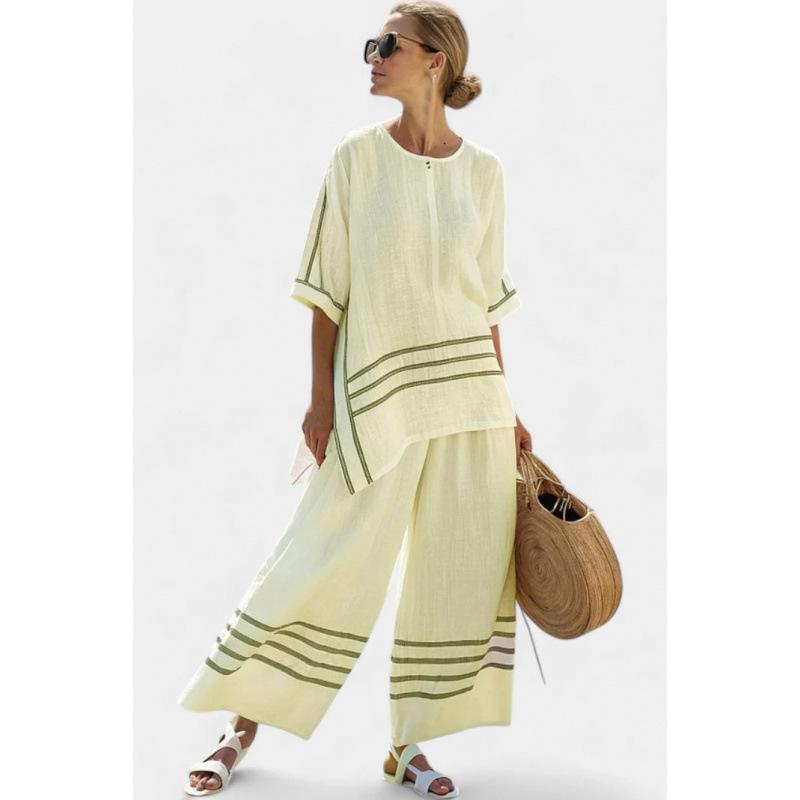 A new summer women's clothing, printed striped color matching medium-sleeved crew neck top, straight casual suit.
