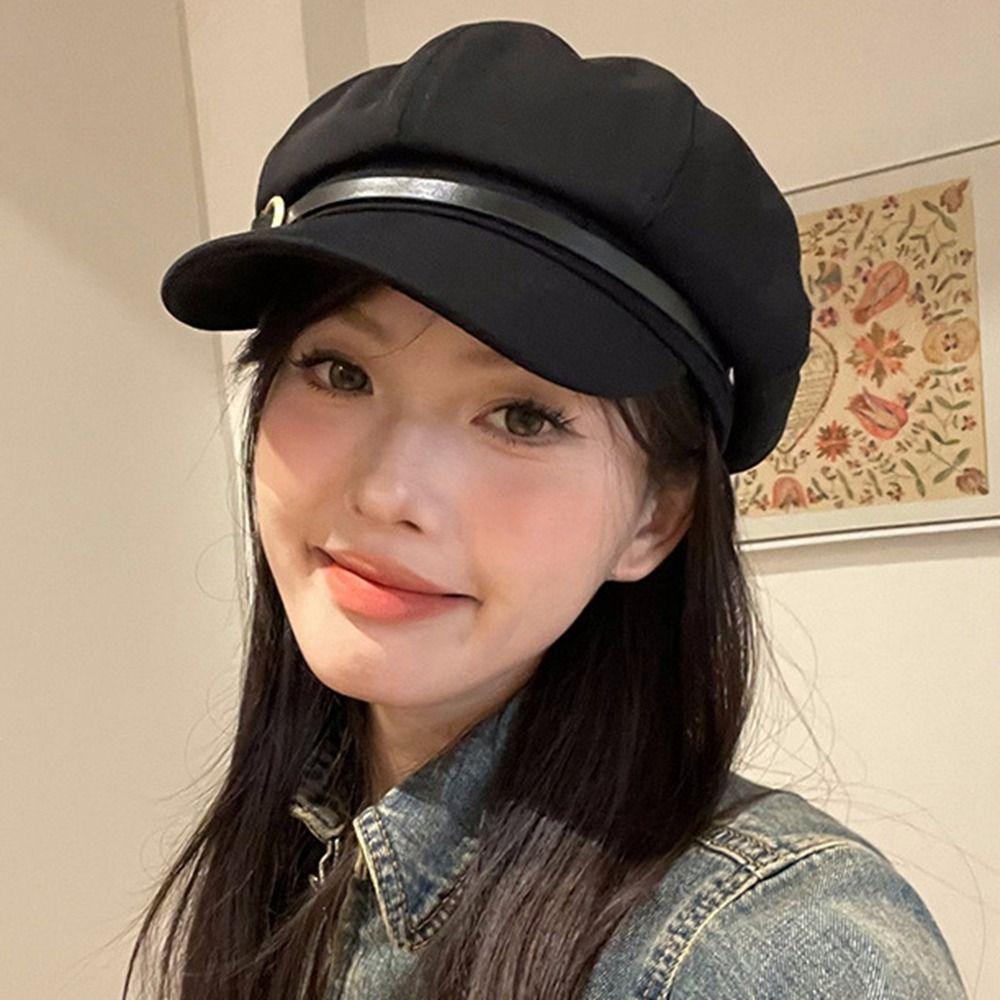 Восьмиугольная шляпа в корейском стиле с кожаной пряжкой, повседневная черная шляпа-берет для уличной одежды