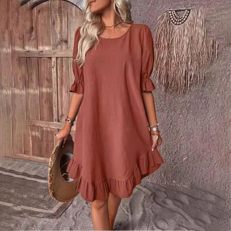 Повседневное среднее свободное хлопково-льняное платье с круглым вырезом на шнуровке