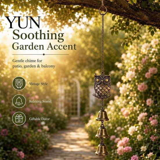 Outdoor Owl Wind Chimes Vintage Metal Chime with 3 Bells, Hollow Hanging Ornament, Unique Niche Holiday Gifts Retro Pendant for Garden Patio