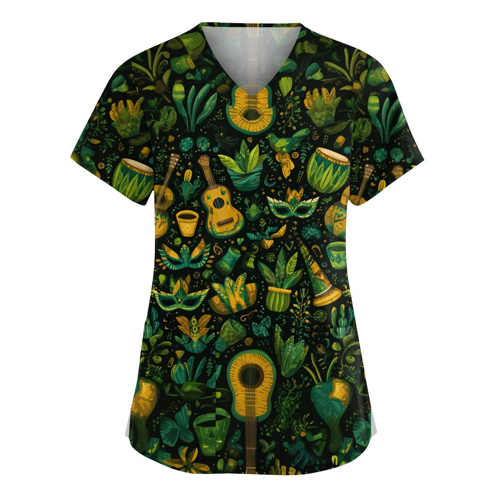 Женская мода V-образный вырез короткий рукав комбинезон с карманами принт топы одежда