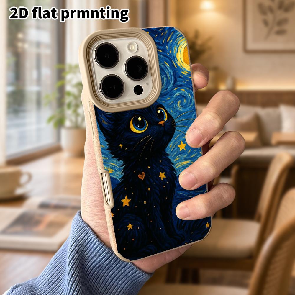 Phone Case: Lambskin 2D Flat Samsung Galaxy A34 A35 M05 M06 S20 S22 S21 FE Plus 5G Protective Case, Starry Night Black Cat, Christmas and Halloween Gi