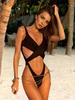 Womens Black Criss Cross Cutout One Piece Swimsuit High Cut Monokini Sexy Deep V Neck Bathing Suit Beachwear K151
