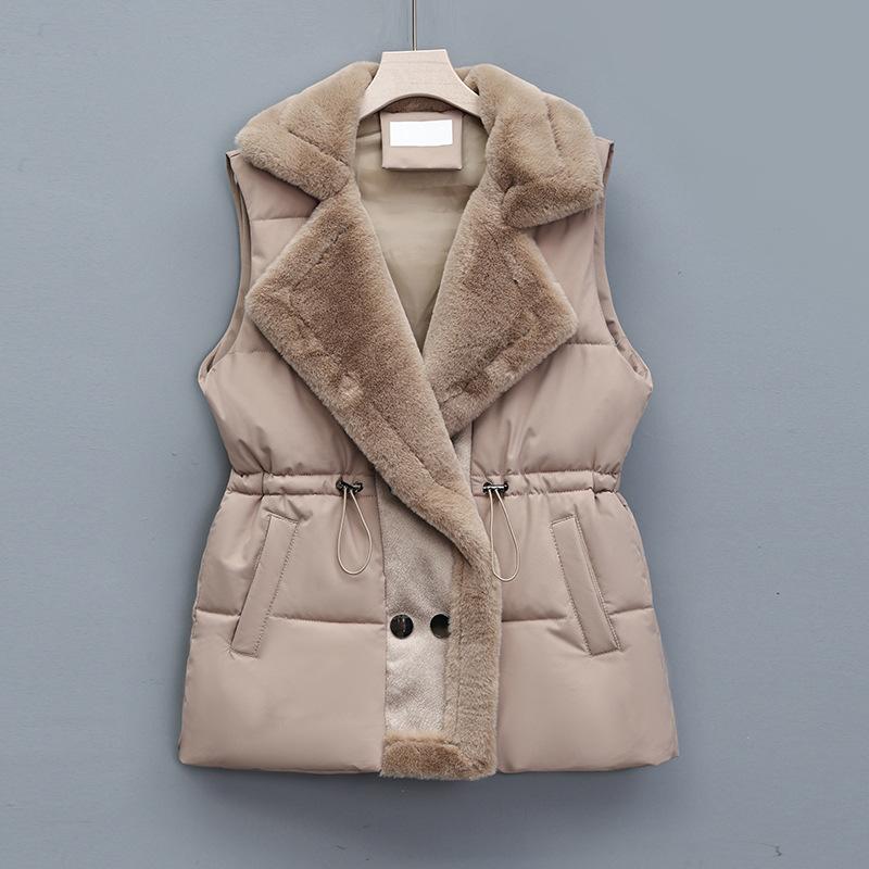 Lamb Wool Splicing Down Cotton Vest Women Wear Outside In Winter Autumn and Winter New Fur Integrated Lapel Waist Vest
