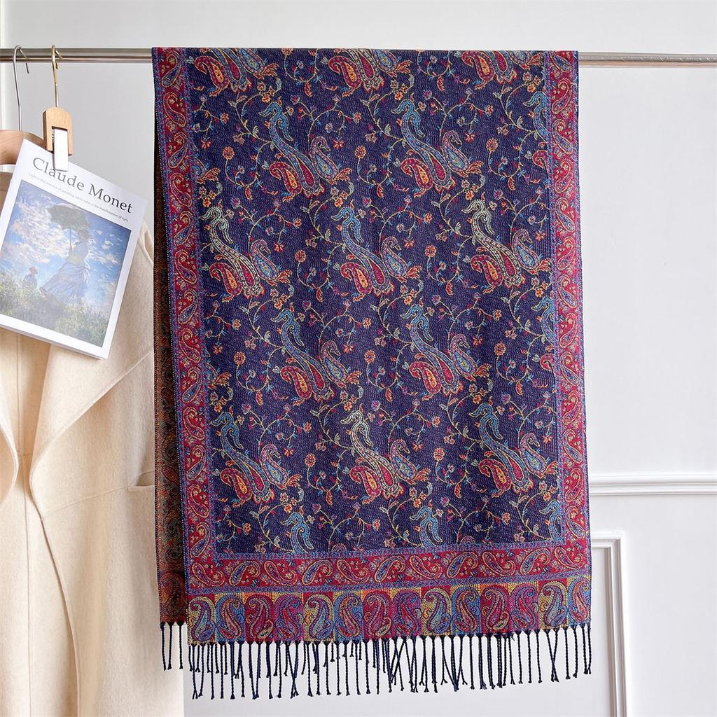 Autumn And Winter Retro Versatile Imitation Core-Spun Yarn High-End Shawl Jacquard Fringed Cashew Flower Thickened Scarf