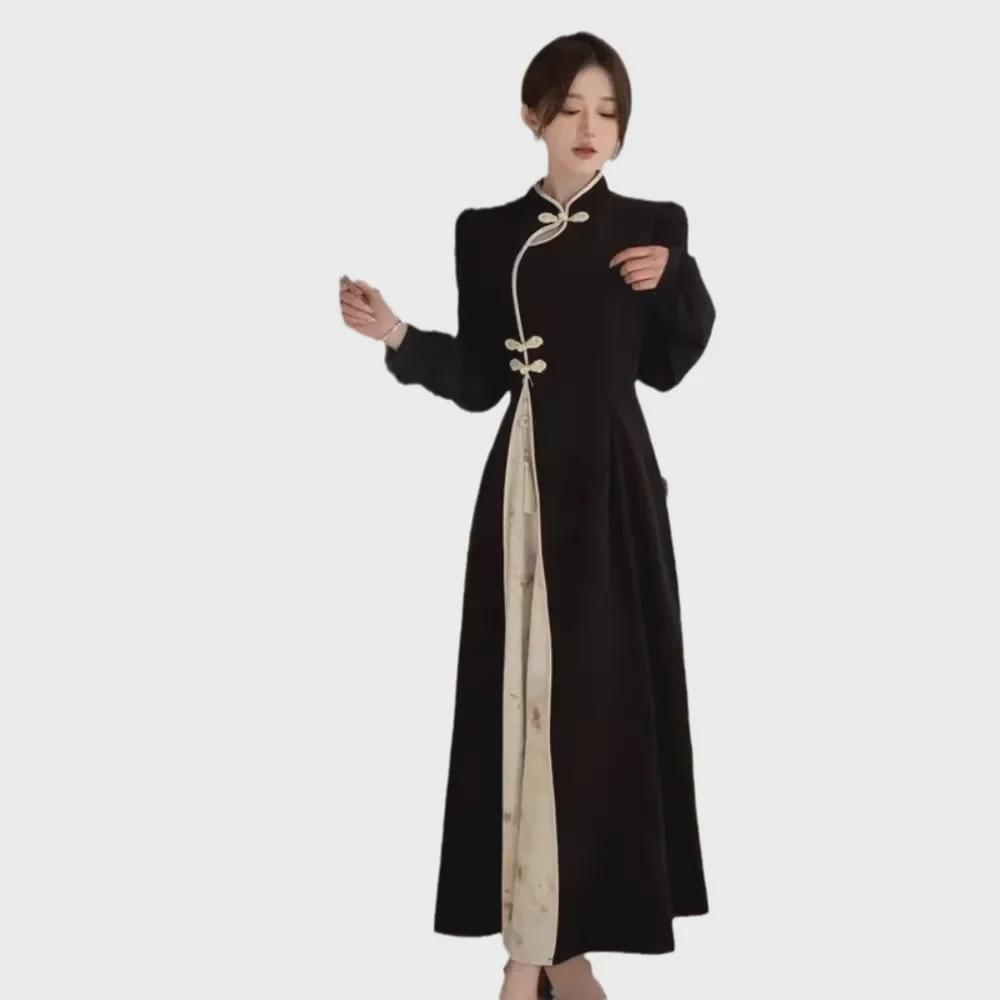 Retro Chinese Style Long Sleeve Cheongsam Dress - Slimming, High Waist, Plus Size for Spring and Autumn
