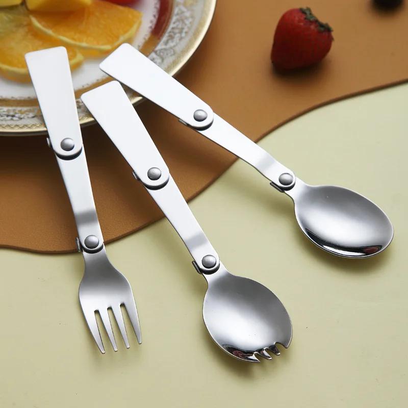 3PCS 304 Stainless Steel Folding Spoon Creative Gift Tableware Outdoor Portable Three Fold Spoon Fork Travel Folding Spoon