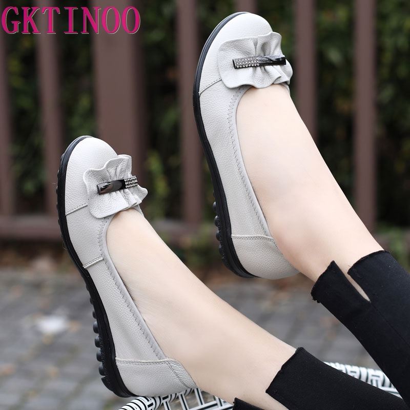 Fashion GKTINOO Fashion Shoes Women Flats Round Toe Genuine Leather Women's Shoes Metal Decoration Flat Casual Shoes Woman Large Size