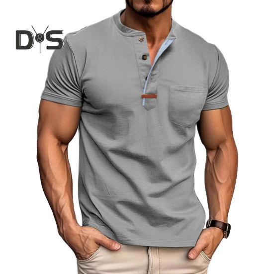 Мужской летний топ с нагрудным карманом, круглым вырезом, короткими рукавами, застегивающимся на пуговицы, однотонный пуловер средней длины, рубашка для офиса, свиданий, путешествий