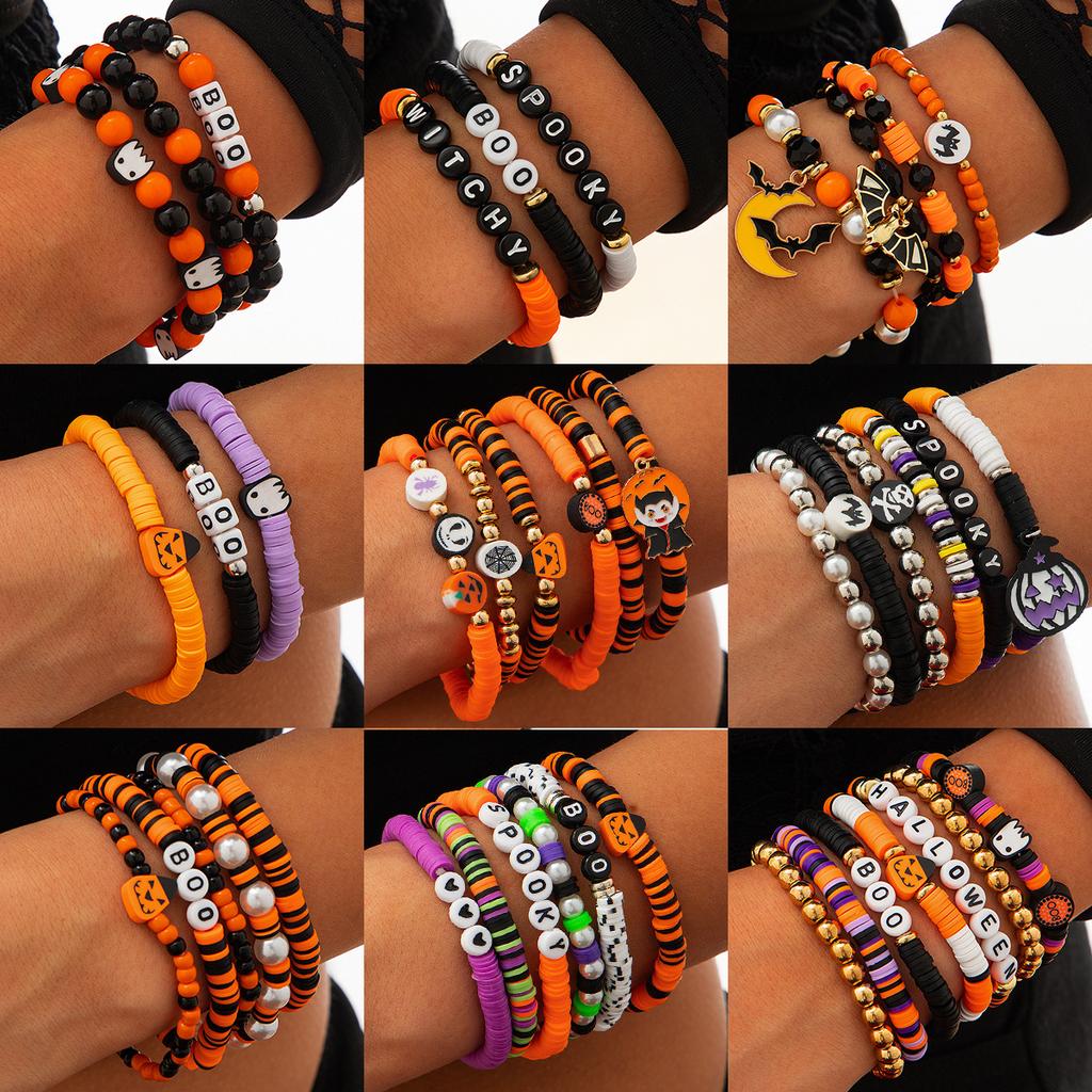 Halloween New Skull Pumpkin Bracelet Set, Witch Spider Mixed Color Beaded Kunjuan Hand