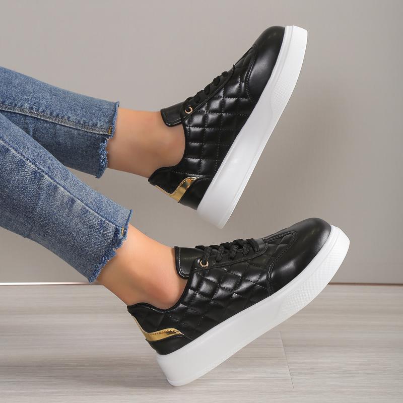 Women's Shoes 2024 New Fashion Tennis Thick Bottom Vulcanized Shoes Casual Leather Lace Up Outdoor Running Black Chaussure Femme