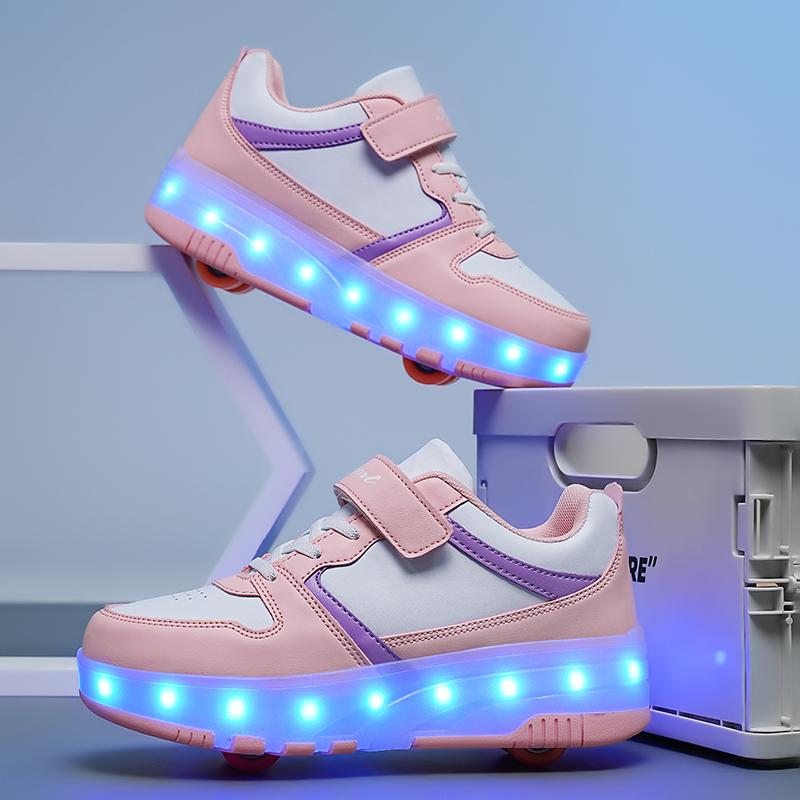 Девочки/дети быстросъемные Четырехколесные Заряжаемые LED Фонарик Обувь Халат Колесо Роликовые Коньки Мальчики Катающиеся Туфли