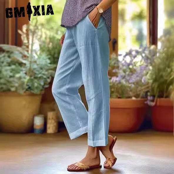 GMXIA Women's Cotton and Linen Loose Solid Color Elastic Waist Pocket Straight Leg Casual Pants
