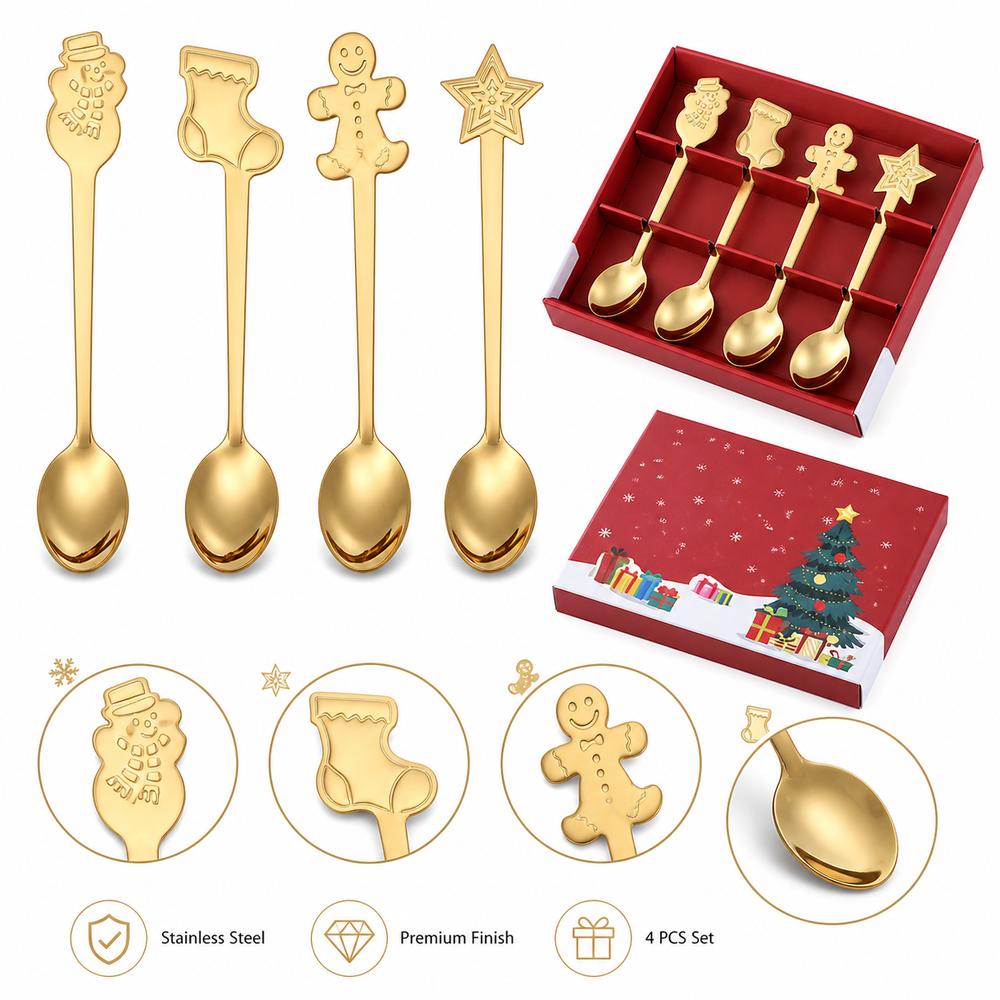 4PCS Set Festive Dessert Spoons Stainless Steel Cake Spoons New Coffee Spoons Christmas Gift