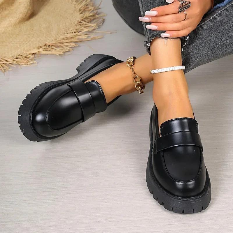 Fashion British Style Platform Loafers Women 2024 Plus Size Round Toe Single Shoes Woman Thick Bottom Pu Leather Shoes Mujer