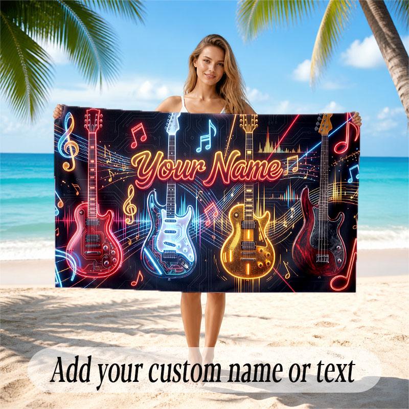 Music Guitar Theme Beach Towel Personalized Custom Name & Text Soft Quick Dry Beach Towel for Swimming Travel