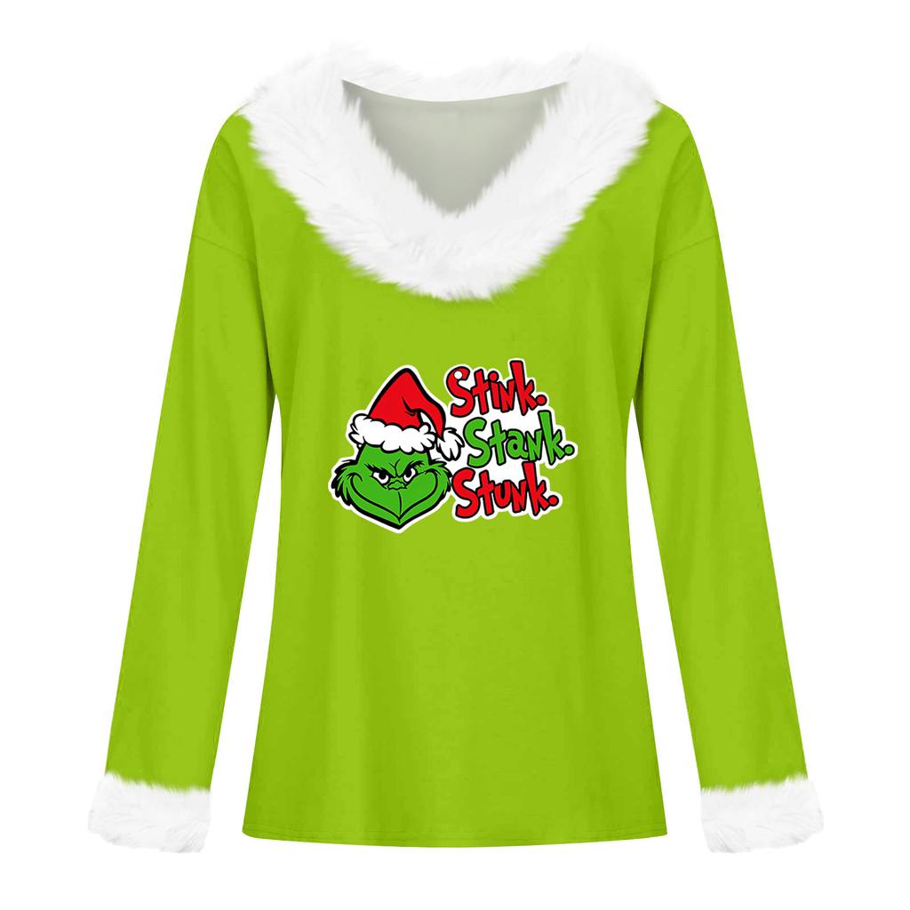 Women's T Shirt Tee Christmas Shirt Long Sleeve Party Christmas Print Fleece Collar V Neck Top