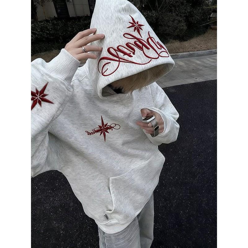 Unisex Oversized Hooded Sweatshirt With Embroidery Thick Fleece Lining Winter Casual Streetwear