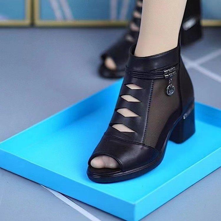 2025 Summer Boots Women Mesh Female Boots Fashion Thick Heels Mom Shoes Breathable Fish Mouth Shoes Back Zip Women Ankle Boots