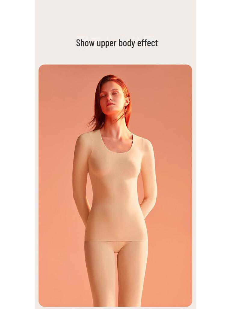 Женский ультратонкий бесшовный термобелье — телесного цвета, высокая эластичность, невидимое тепло, идеально подходит для осени и зимы.