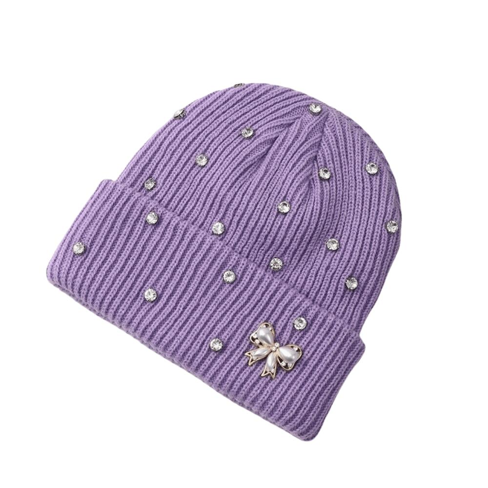 Solid Color Crystal Pearl Bow Beanie Warm Pullover Hat Fashion Knit Hat Outdoor