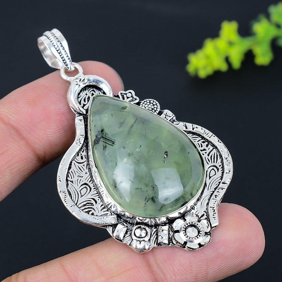 Prehnite Gemstone Handmade 925 Sterling Silver Gift Jewelry Pendant 2.60" Y1B50