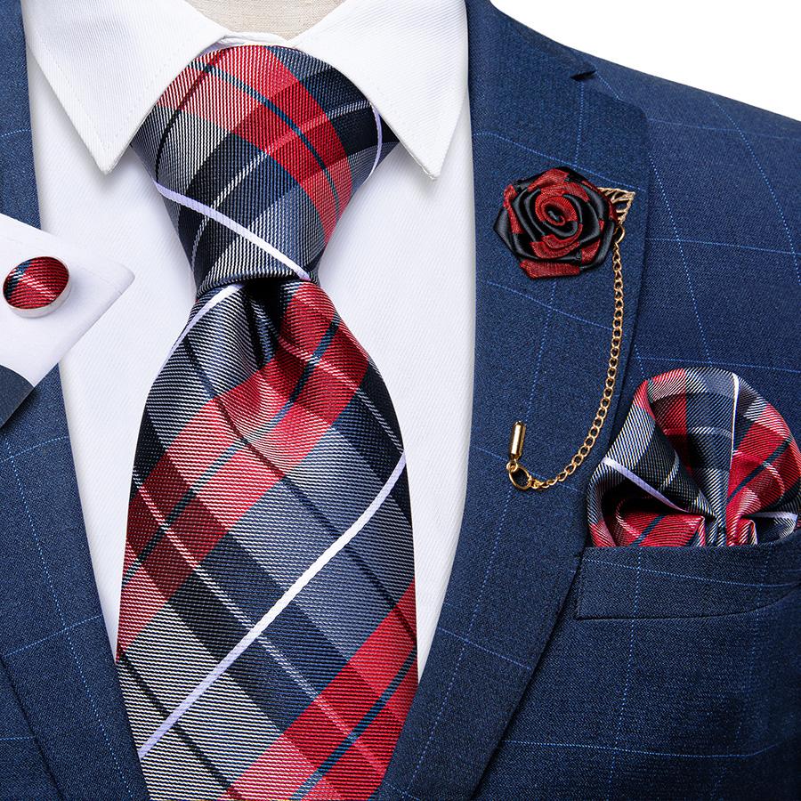 Mens Necktie with Flower Chain Brooch Pin Business Party Silk Tie Hanky Cufflink Set Dibangu