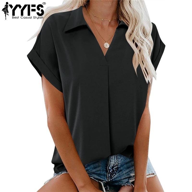 YYFS Women's Fashion Casual Summer Spring Solid Color Print Short Sleeve POLO Neck Blouses & Shirts