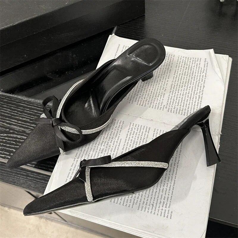 Eilyken Женские тапочки с узлом-бабочкой, дизайнерские туфли на низком каблуке, женские туфли с острым носком, шлепанцы со стразами